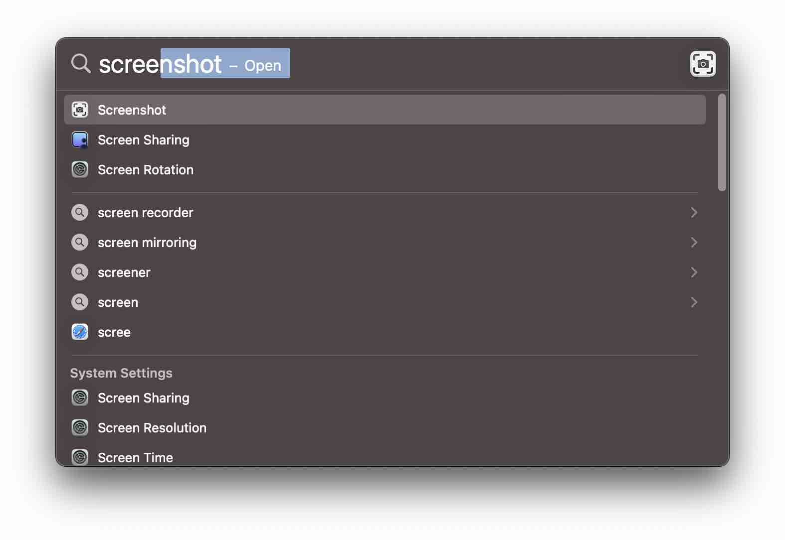 Open Screenshot using macOS Spotlight Search